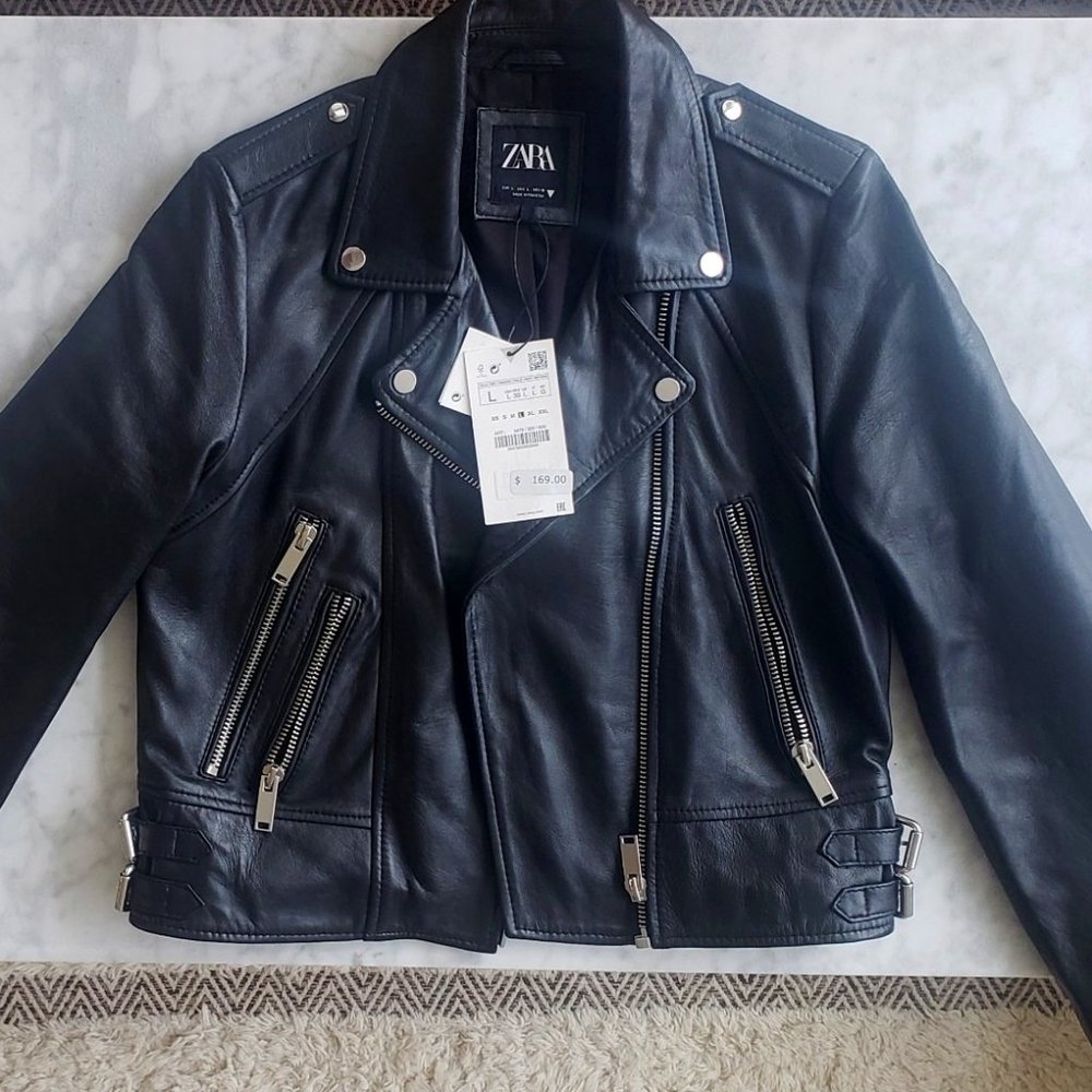 Zara Genuine 100% Black Leather Moto Biker Jacket with tags